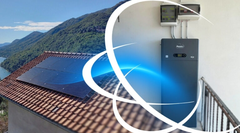 Impianto fotovoltaico residenziale con pannelli solari sul tetto e sistema di accumulo con batterie a parete di Global Enertech.