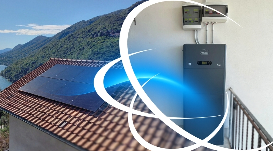 Impianto fotovoltaico residenziale con pannelli solari sul tetto e sistema di accumulo con batterie a parete di Global Enertech.