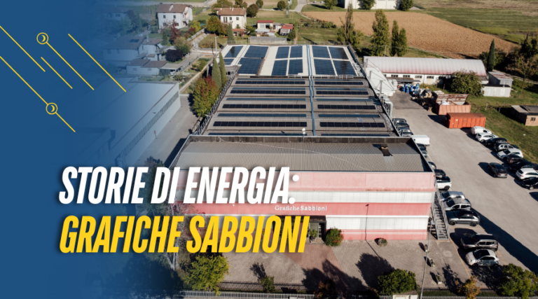 Impianto fotovoltaico su tetto di Grafiche Sabbioni, vista con drone dell'azienda dopo revamping Global Enertech