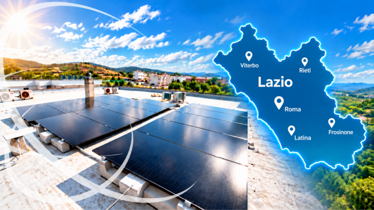 Mappa della copertura degli impianti fotovoltaici Global Enertech a Roma e nelle province del Lazio (Latina, Frosinone, Viterbo, Rieti) con installazione su tetto piana.